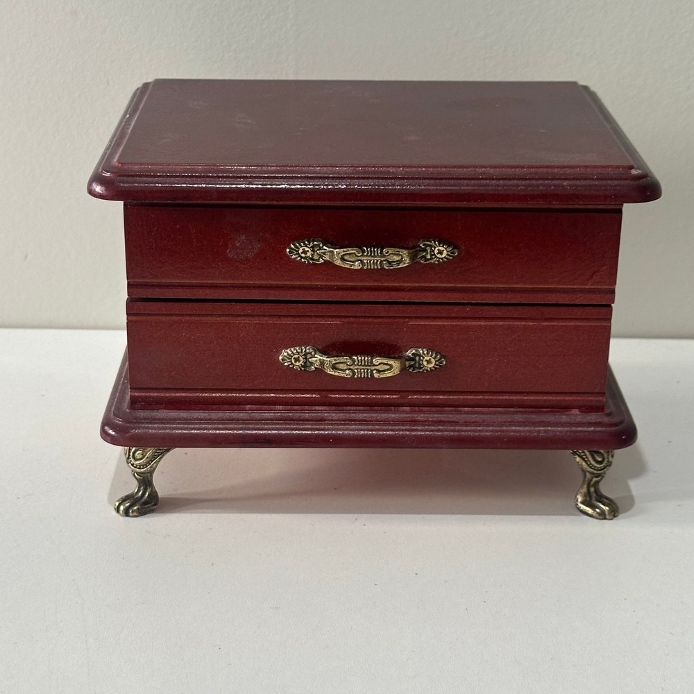 Vintage‎ Wooden Jewelry Box With Mirror and Drawers Red Finish Ornate - Used